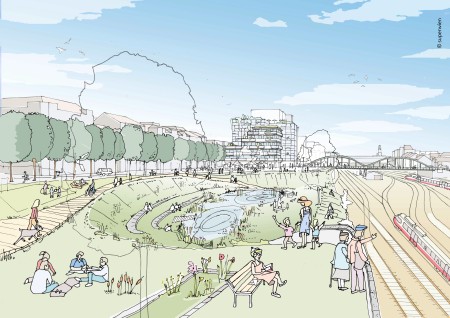 Planungsskizze des neuen Landschaftsparks am Westbahnhof in Wien
